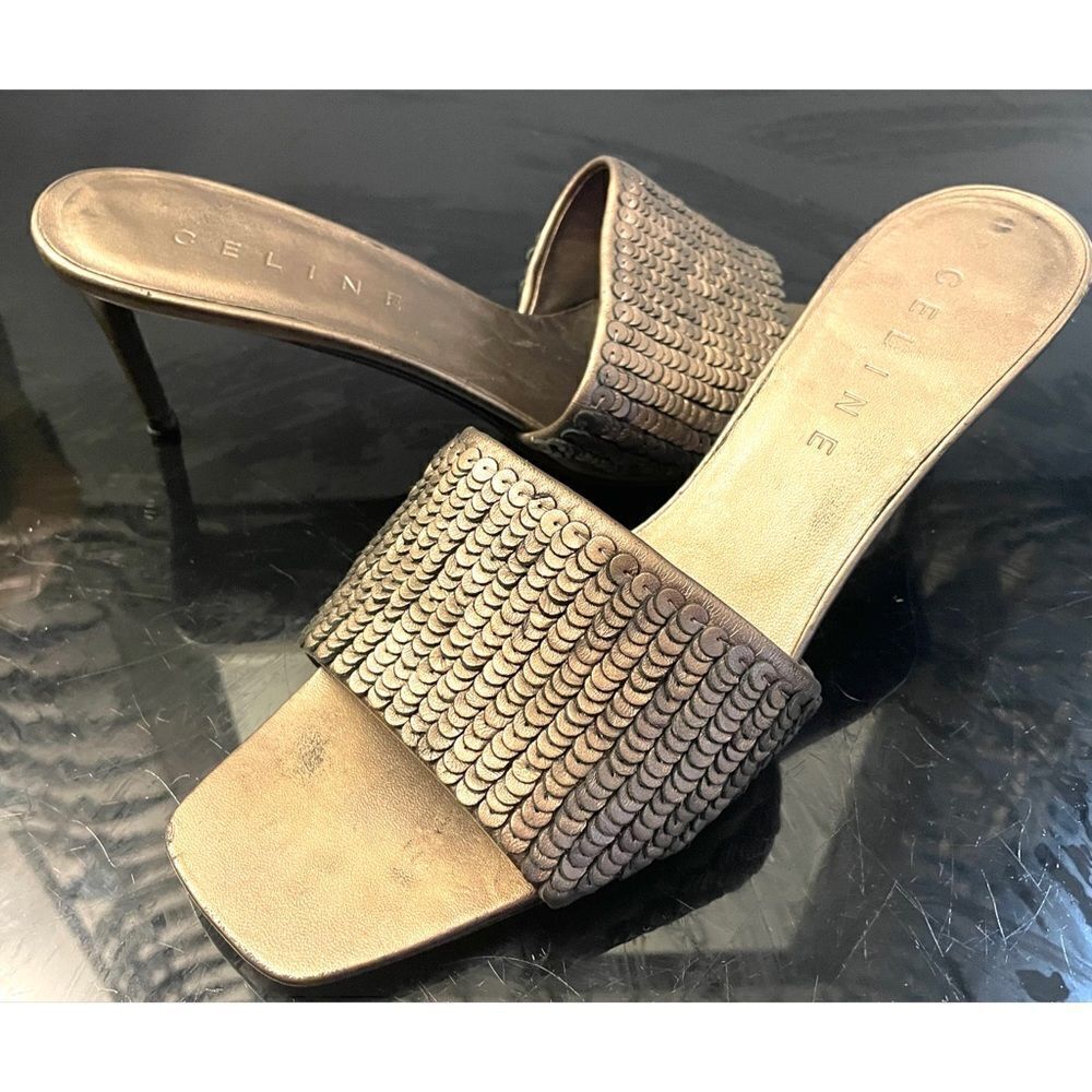 Celine Embellished Bronze Leather Slides Women’s Shoes Size 10/40 Medium